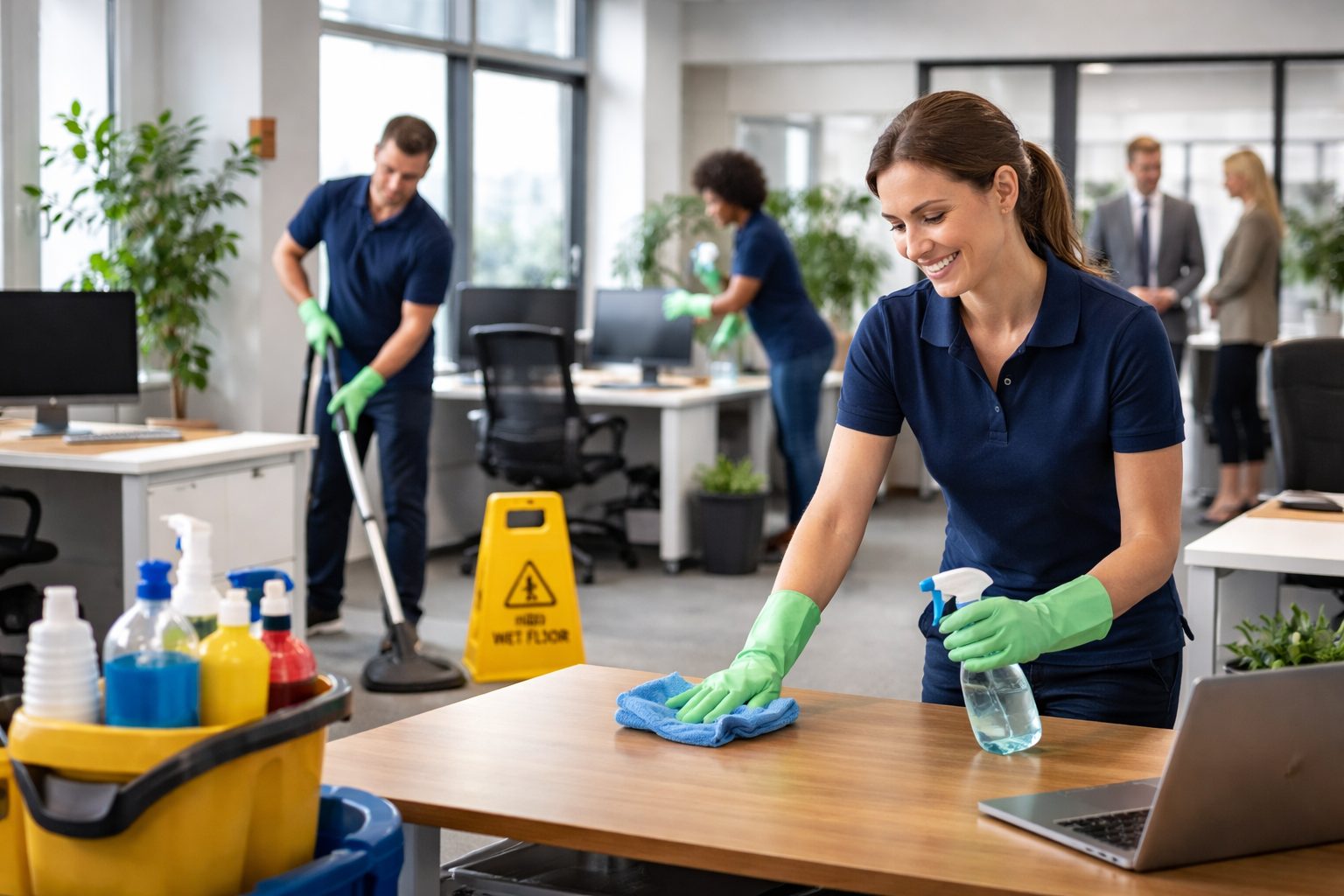 Agent d’entretien nettoyant un bureau professionnel avant une visite client dans des locaux modernes et impeccables