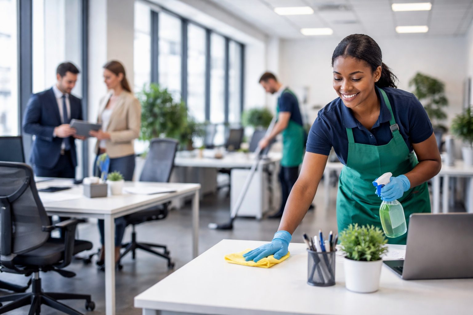 Agent d’entretien nettoyant un bureau moderne dans une entreprise pour valoriser l’image de marque et la propreté des locaux professionnels