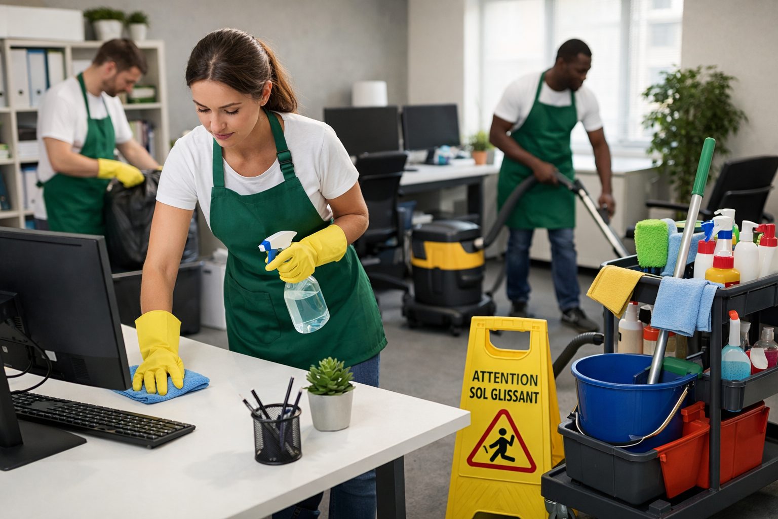 Agent d’entretien nettoyant un bureau dans un open space avec chariot de ménage, aspirateur et matériel professionnel
