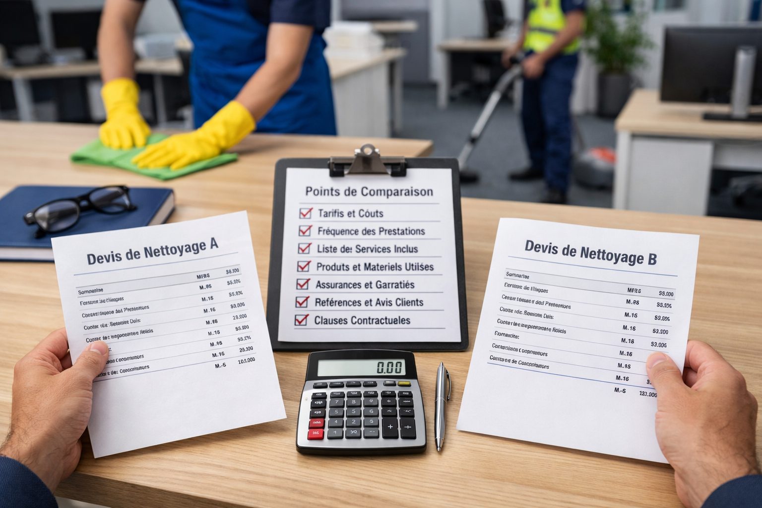 Comparaison de deux devis de nettoyage de bureaux dans un open space avec checklist de critères et agents d’entretien en arrière-plan