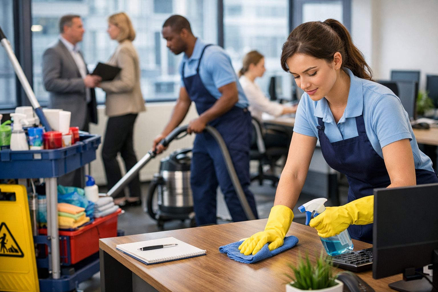 Agent d’entretien nettoyant un bureau dans une entreprise pour illustrer l’externalisation du nettoyage de bureaux