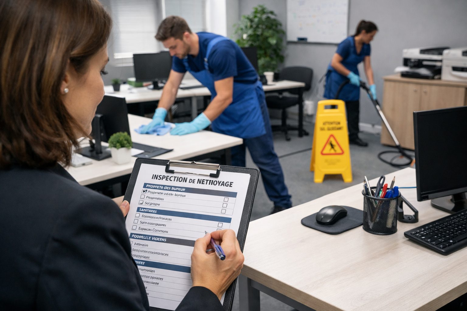 Contrôle de la qualité du nettoyage de bureaux dans un open space avec agent d’entretien et responsable inspection