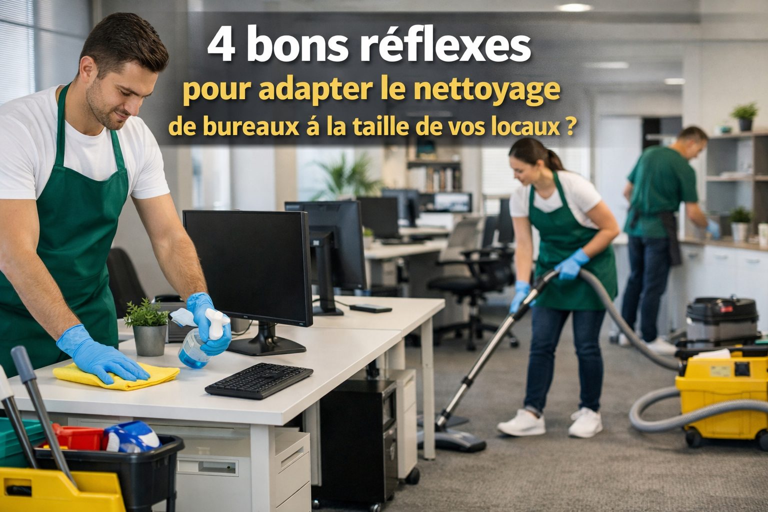 Agents de nettoyage dans des bureaux professionnels adaptant l’entretien à la taille des locaux
