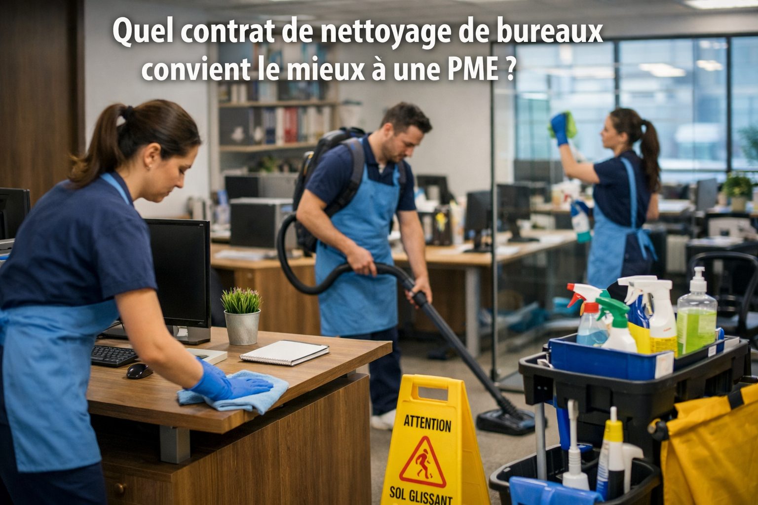 Équipe de nettoyage en train d’entretenir des bureaux professionnels dans une PME moderne