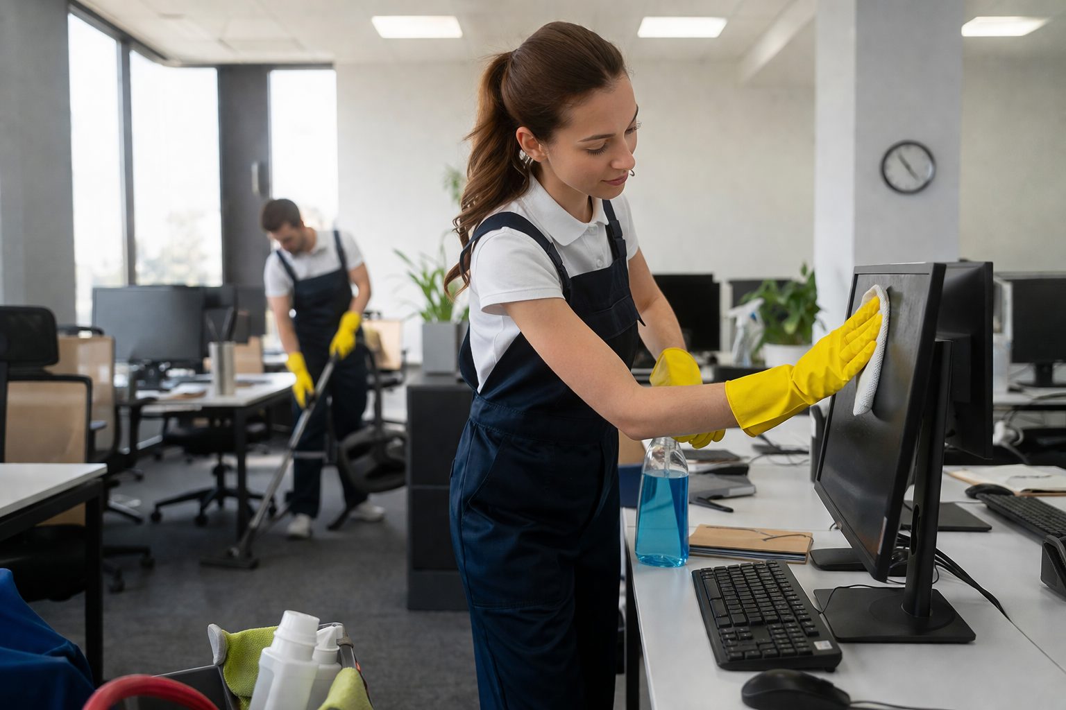 Équipe de nettoyage dans un bureau moderne en train d’entretenir les postes de travail selon un planning de nettoyage de bureaux efficace