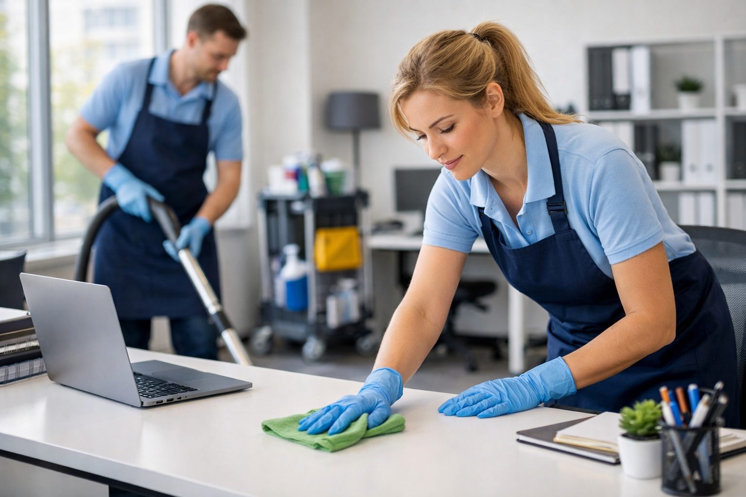Agents de nettoyage professionnels en train d’entretenir un bureau moderne avec désinfection du mobilier et aspiration des sols