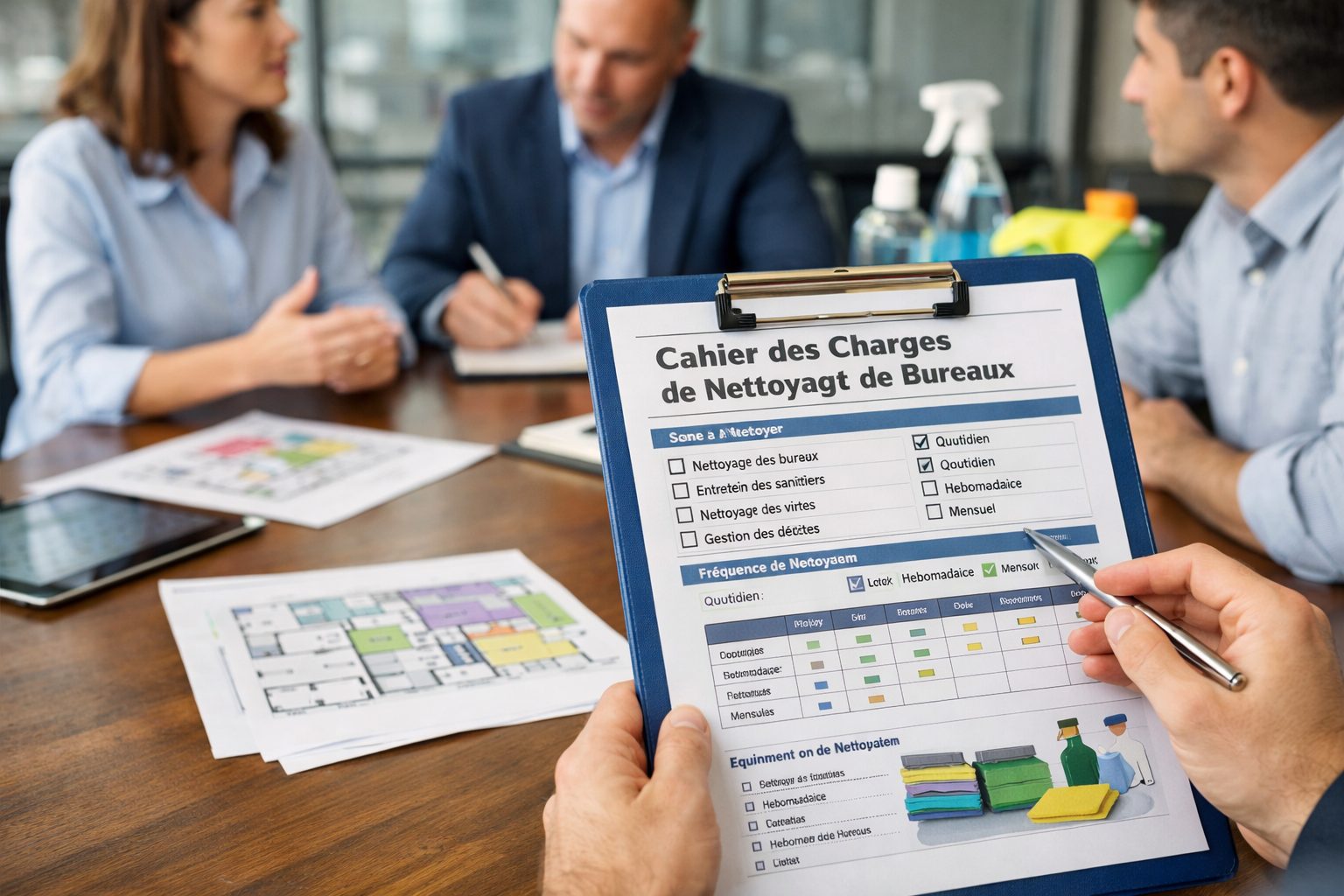 Réunion en bureau autour d’un cahier des charges de nettoyage de bureaux avec checklist de contrôle