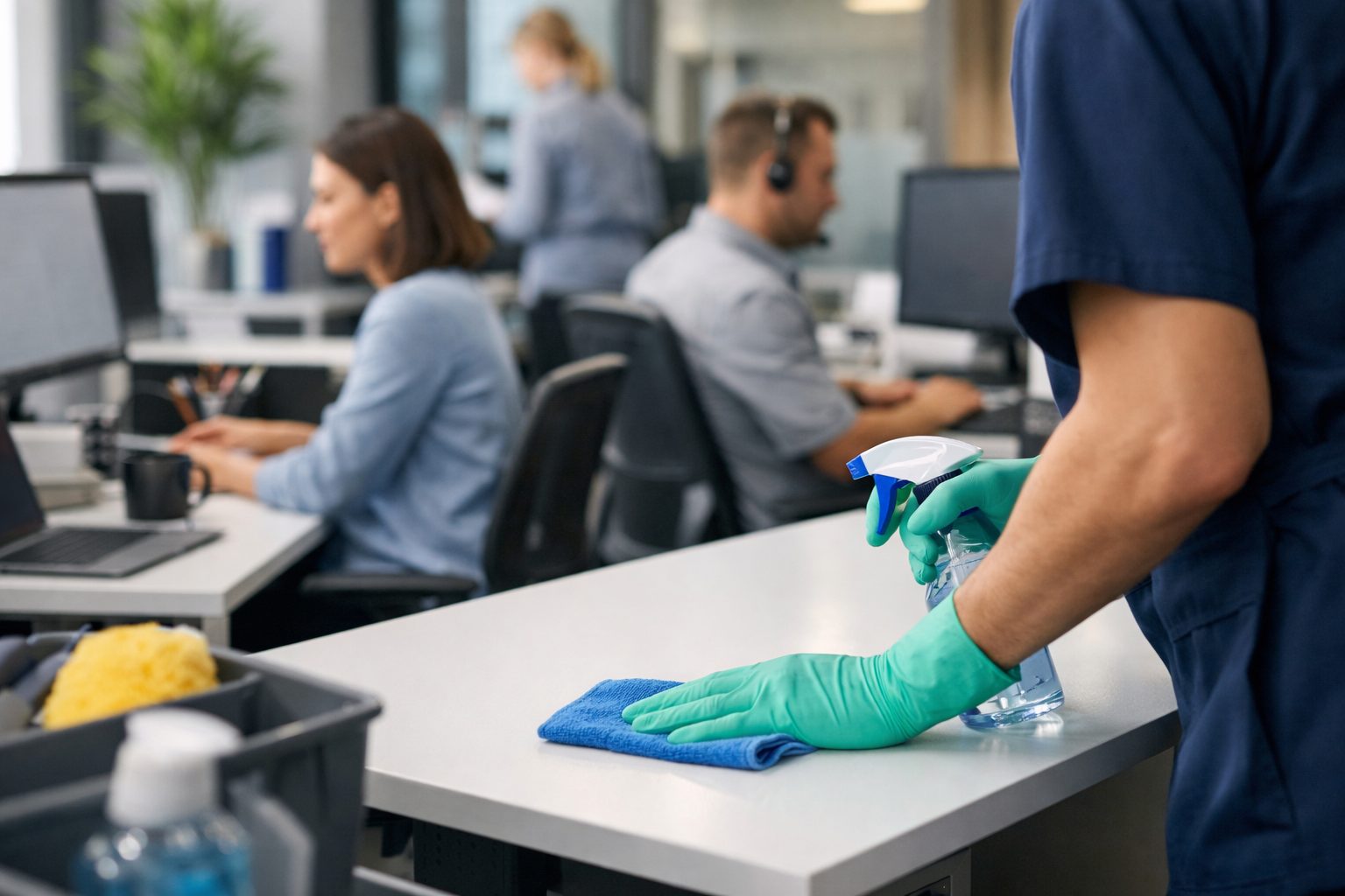 Agent d’entretien nettoyant discrètement un bureau en open space pendant les heures de travail