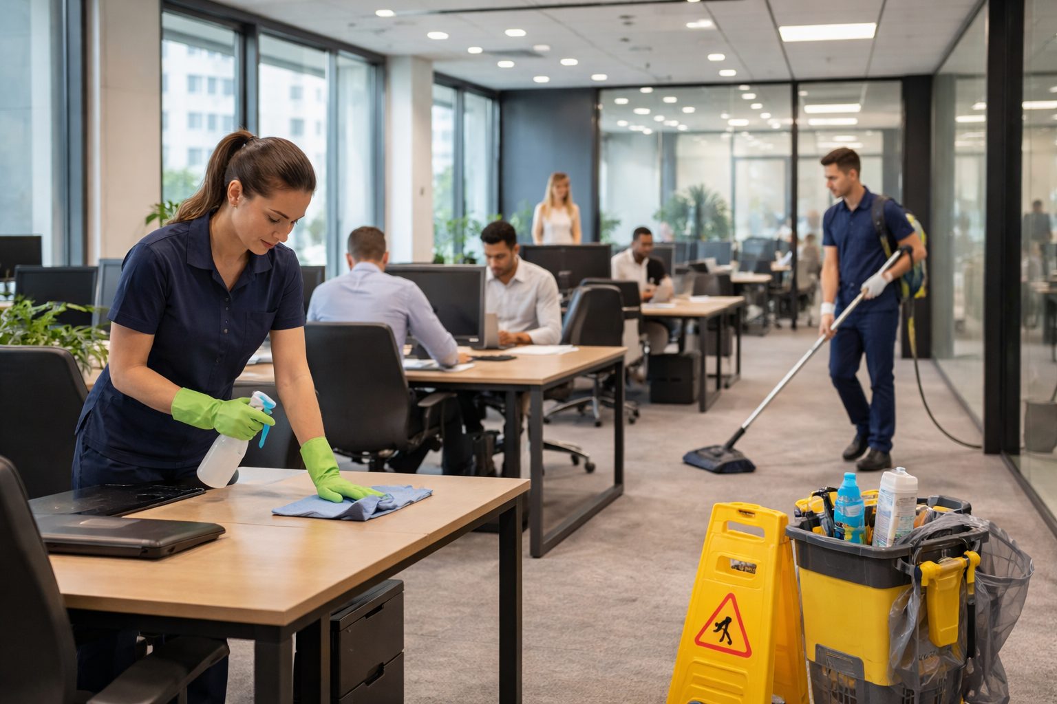 Agent d’entretien nettoyant un bureau dans un open space pendant que les équipes travaillent sans être dérangées