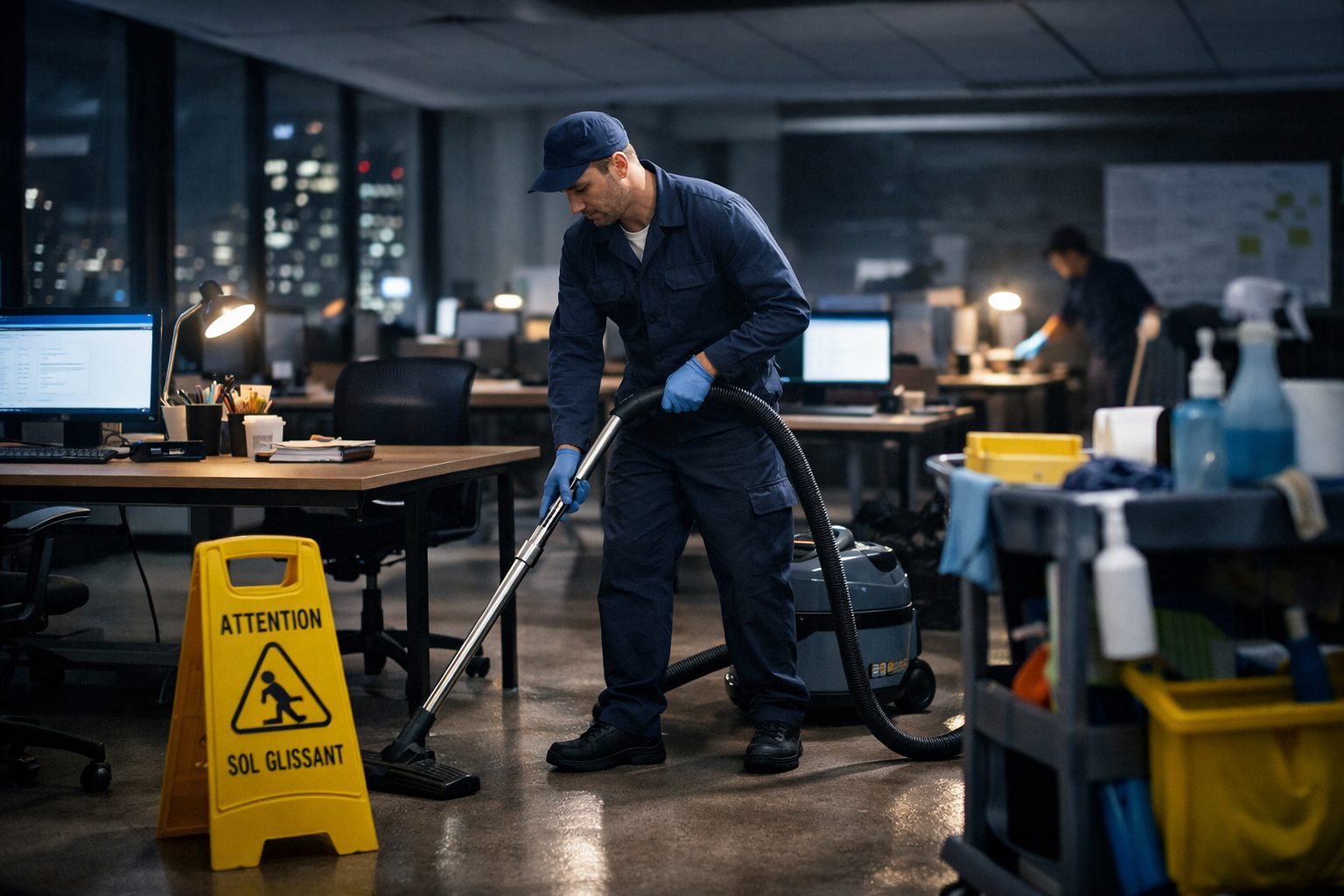 Agent de nettoyage nettoyant un bureau hors horaires dans un open space professionnel en soirée