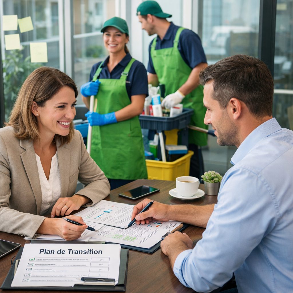 Transition vers un nouveau prestataire de nettoyage de bureaux lors d’une réunion entre un responsable d’entreprise et une société de propreté