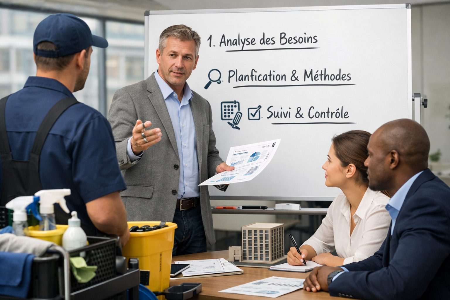 Réunion de lancement d’un contrat de nettoyage de bureaux entre un responsable d’entreprise, des collaborateurs et un agent de propreté