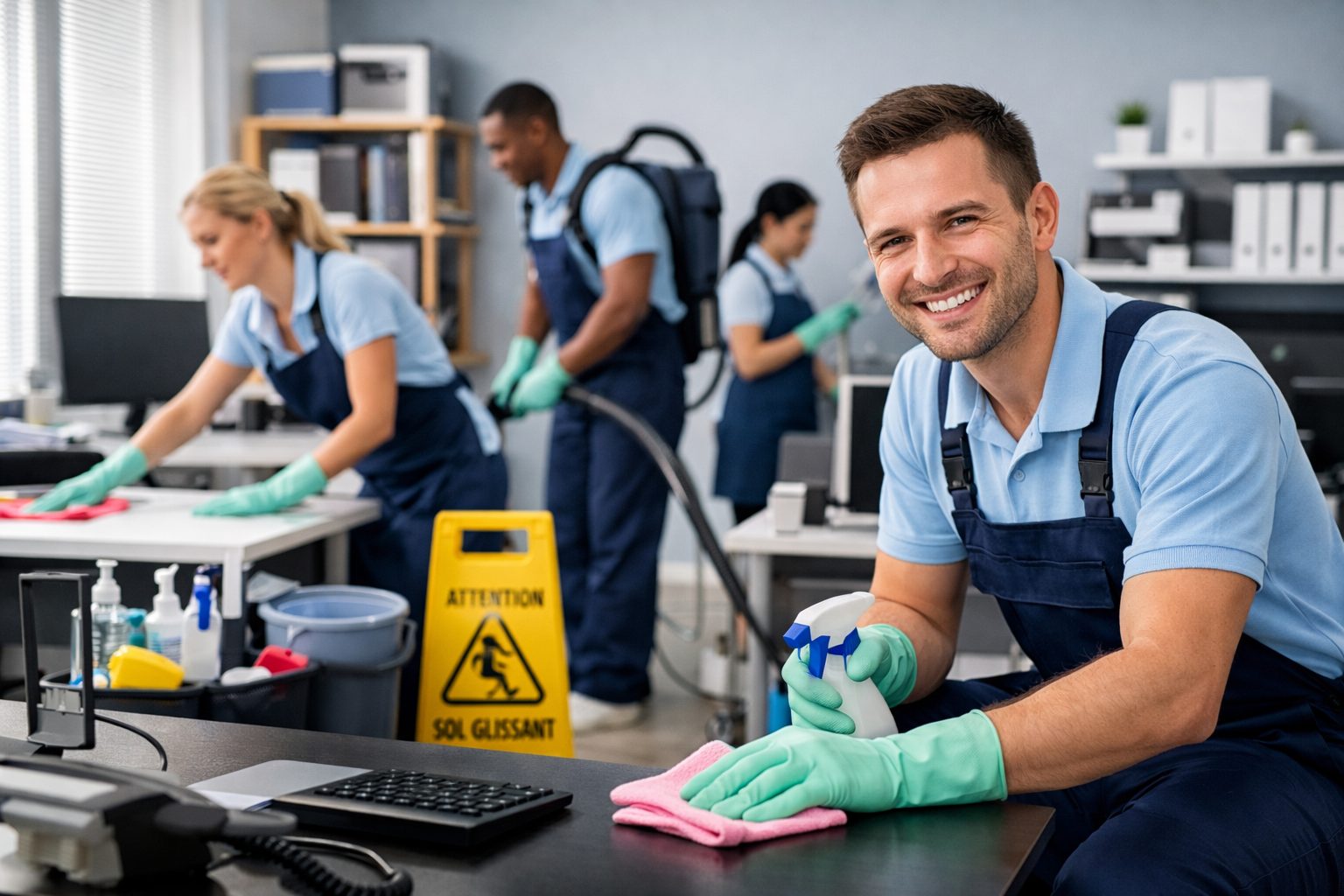 Équipe de nettoyage dans des bureaux modernes appliquant des méthodes efficaces pour réduire les coûts sans perdre en qualité