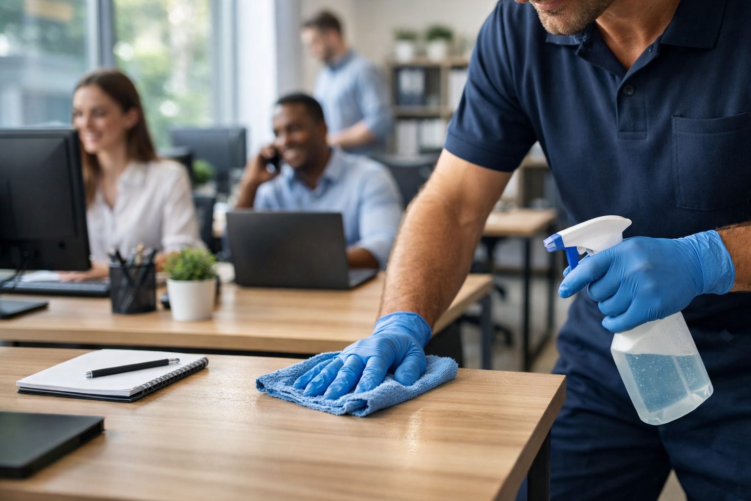Agent d’entretien nettoyant un bureau dans un open space propre pour améliorer le bien-être des salariés