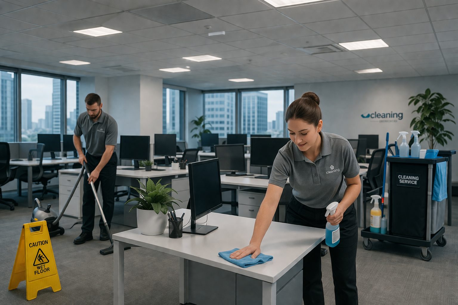 Agent d’entretien nettoyant un bureau moderne pour maintenir une propreté irréprochable toute la semaine