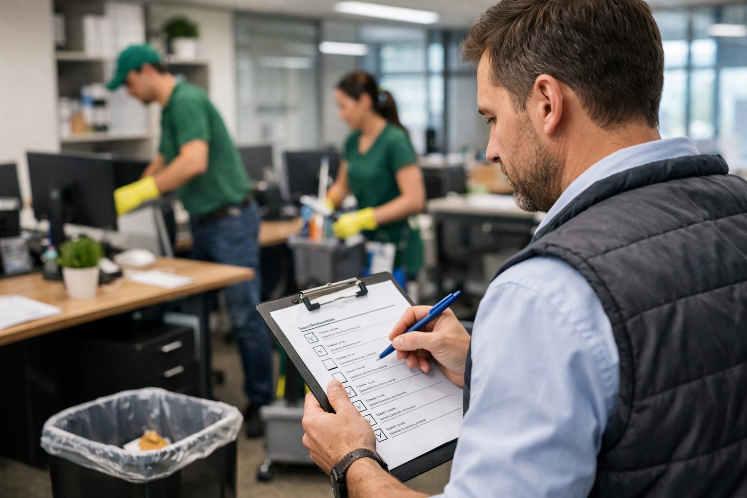 Responsable contrôlant la checklist après le passage d’une équipe de nettoyage dans des bureaux modernes