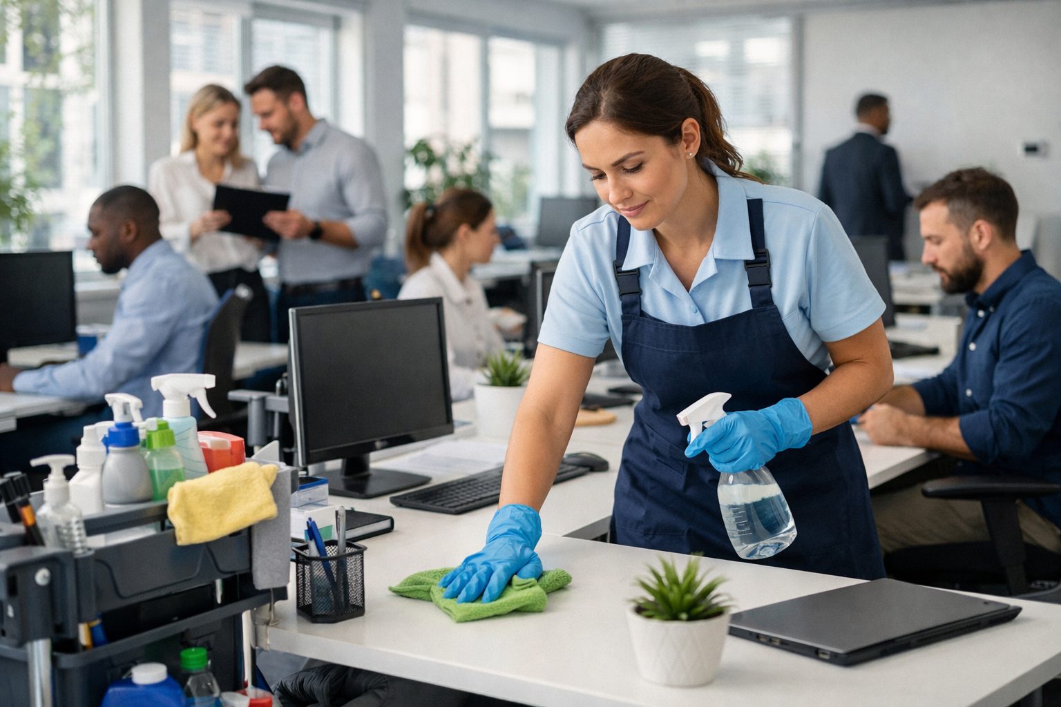 Agent d’entretien nettoyant un bureau dans un open space occupé pour illustrer la bonne fréquence d’entretien des bureaux selon l’occupation