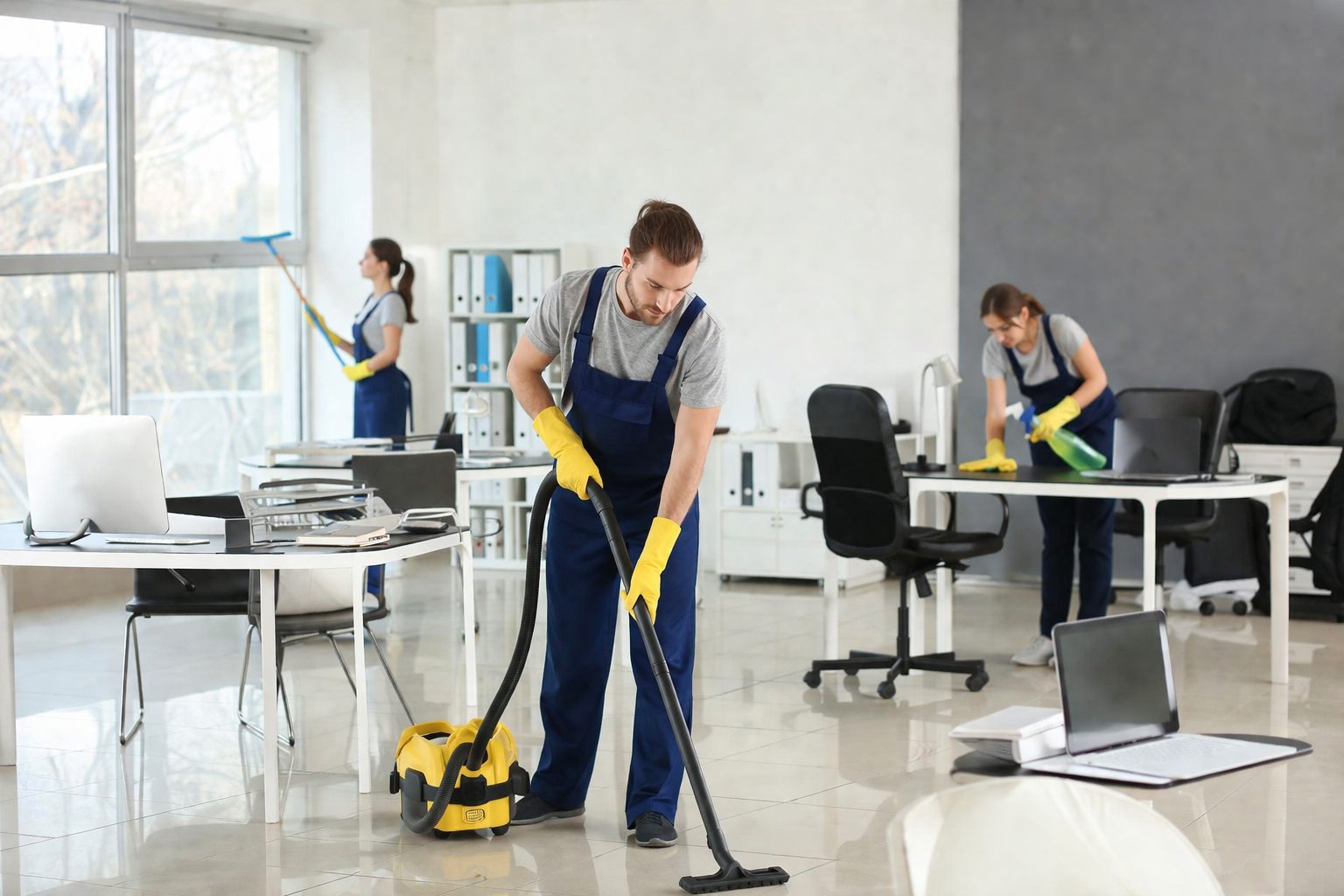 Agent de nettoyage dans des bureaux modernes illustrant les critères qui font varier le prix d’un nettoyage de bureaux