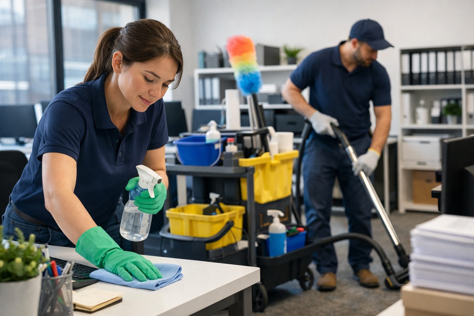 Agent d’entretien nettoyant un bureau pendant qu’un collègue passe l’aspirateur dans des locaux professionnels propres et organisés