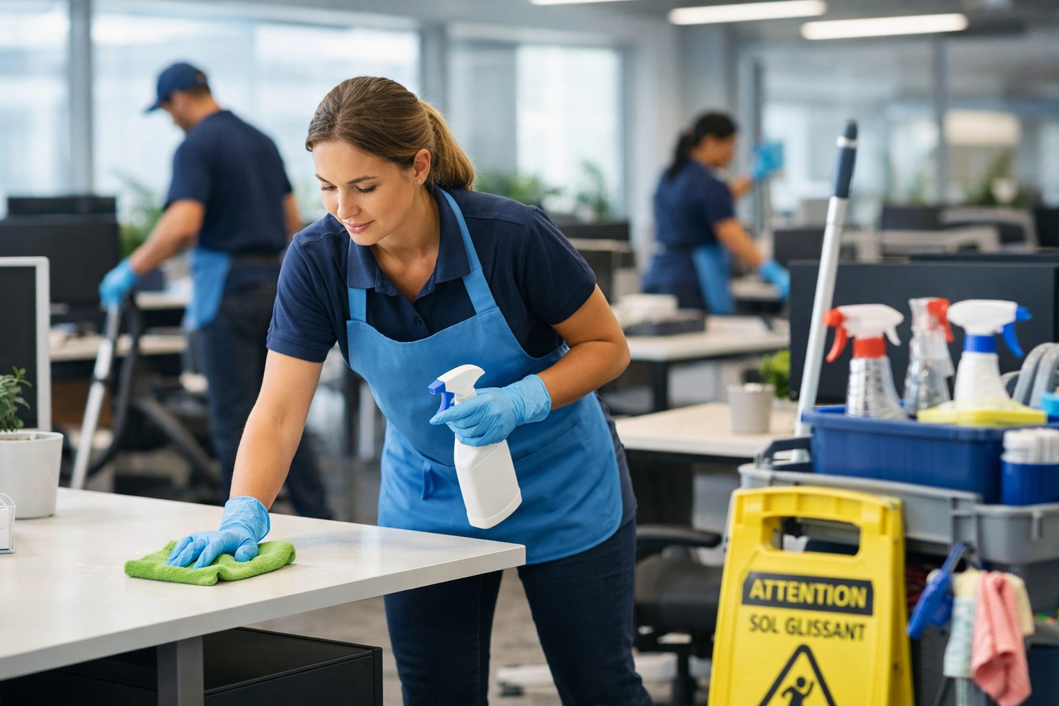 Agent d’entretien nettoyant un bureau dans un open space moderne pour adapter la propreté à un effectif variable