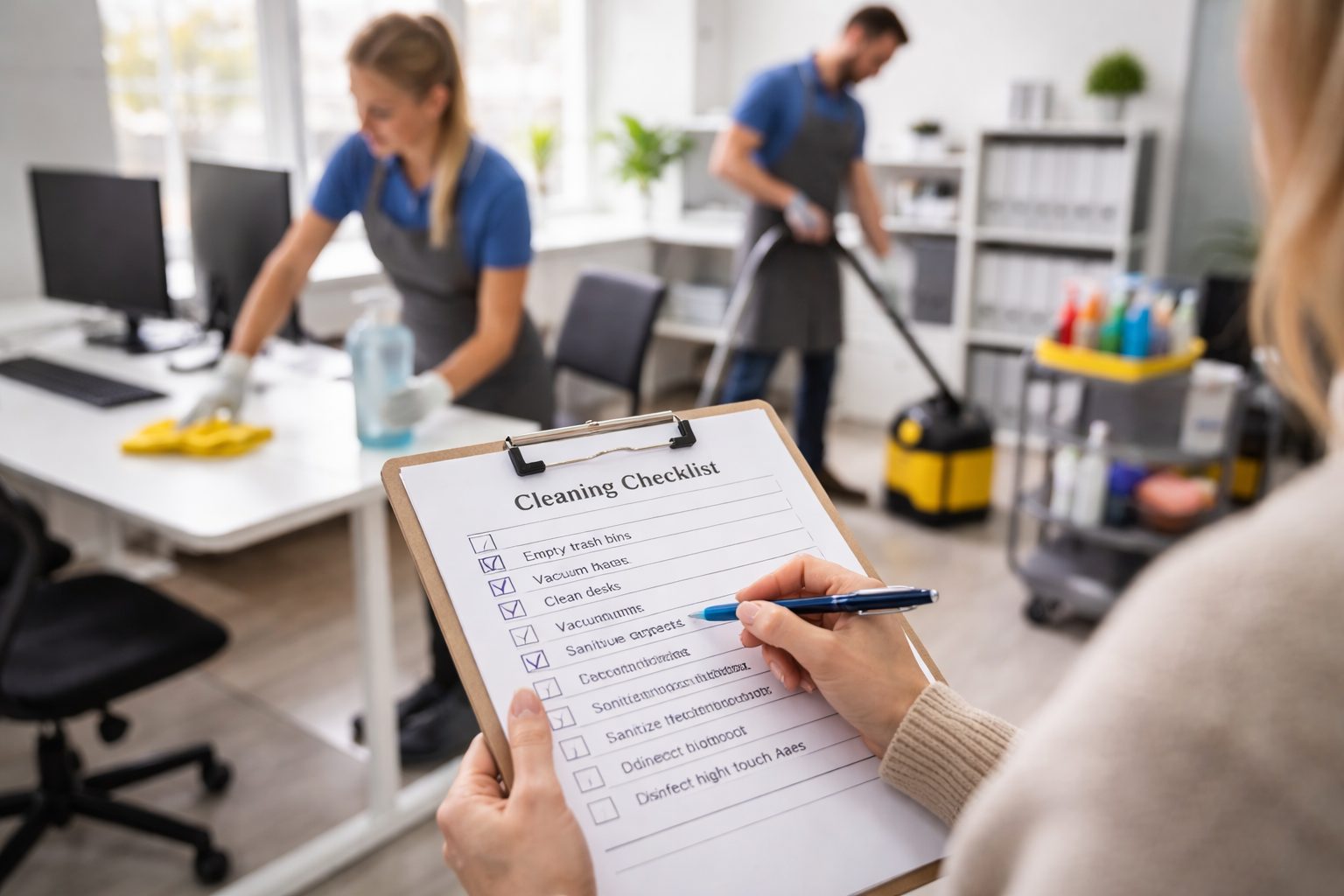 Suivi simple de l’entretien de bureaux avec checklist de nettoyage dans un open space moderne