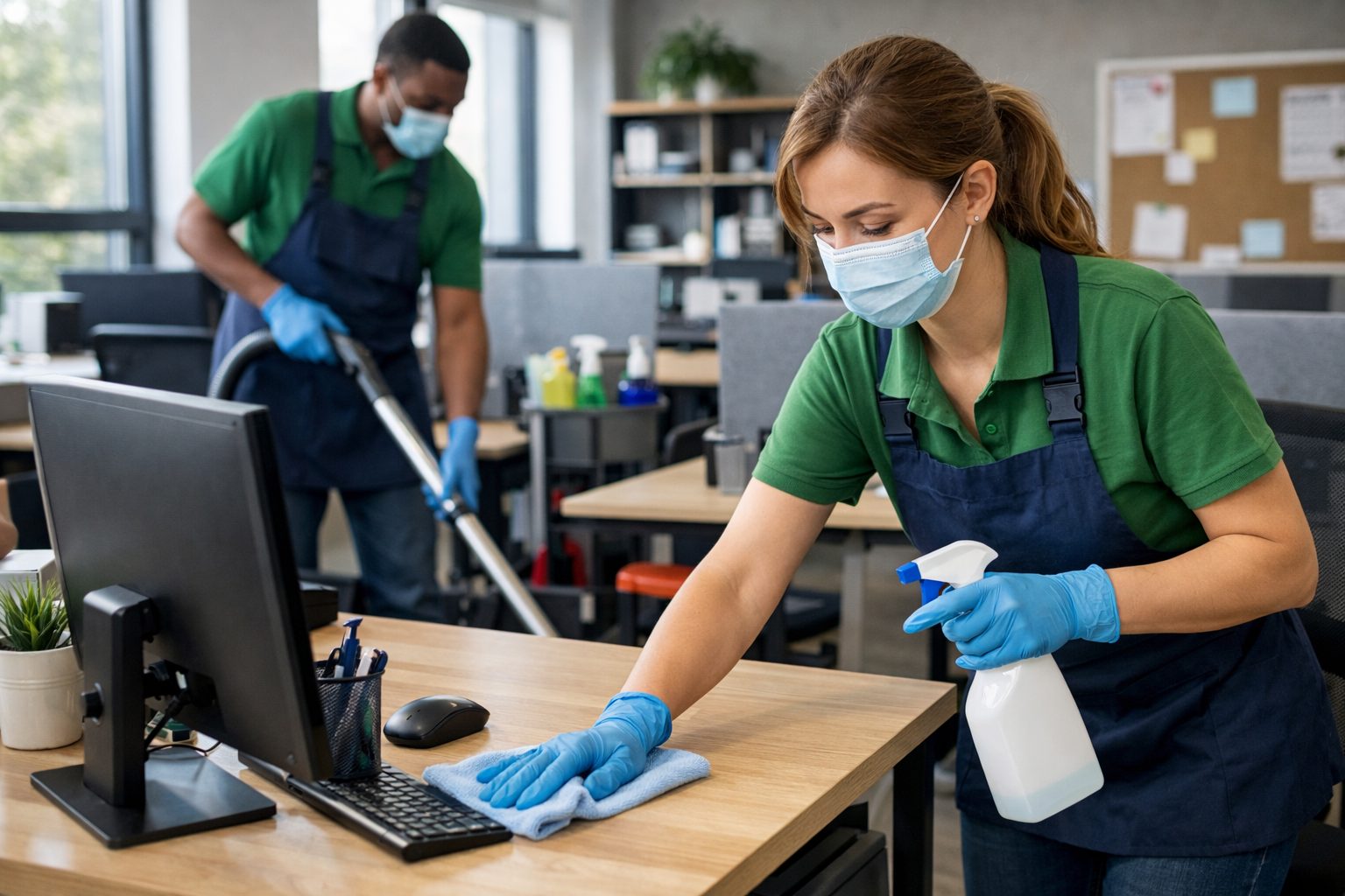 Agent d’entretien nettoyant un poste de travail dans un bureau partagé pendant l’entretien quotidien des espaces communs