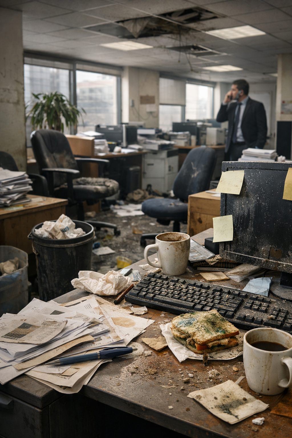 Bureau professionnel très sale et mal entretenu montrant les conséquences d’un entretien trop rare sur les coûts à long terme