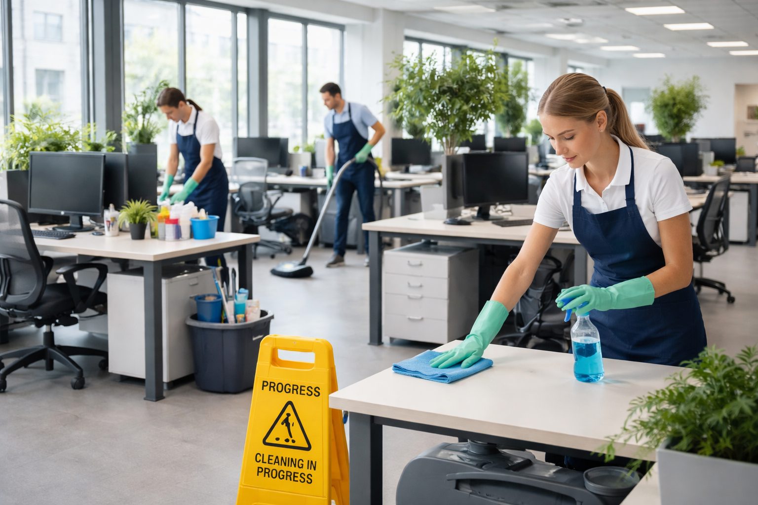 Agent d’entretien nettoyant un bureau dans un open space moderne avec équipe de nettoyage professionnelle en arrière-plan