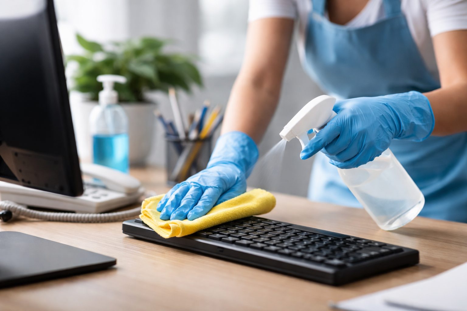 Agent de nettoyage désinfectant un clavier de bureau pour assainir les points de contact prioritaires en entreprise