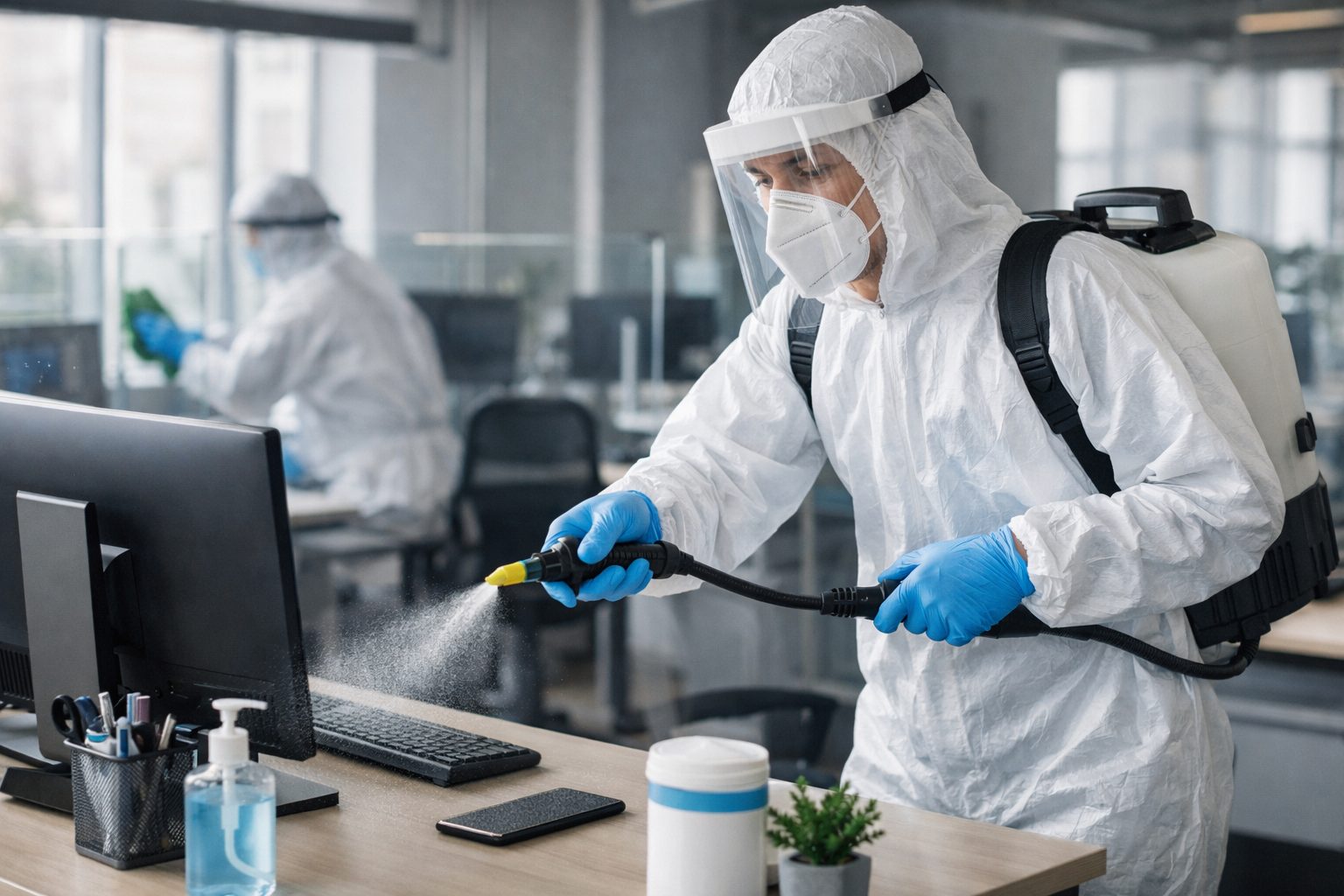 Agent d’entretien désinfectant un poste de travail dans un bureau moderne avec une méthode renforcée et mesurée