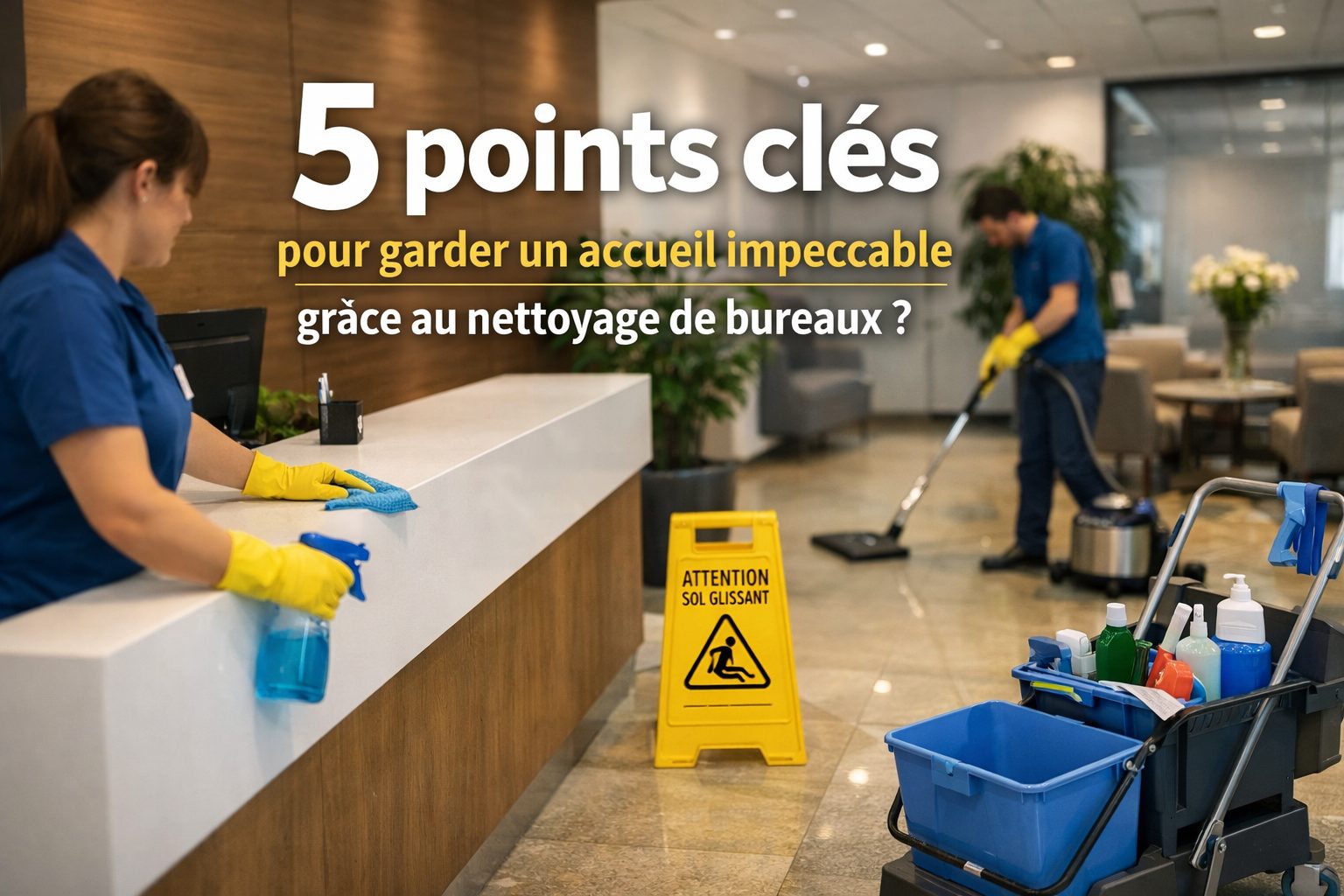 Agent d’entretien nettoyant un accueil d’entreprise moderne pour garantir une réception propre et impeccable dans des bureaux professionnels.