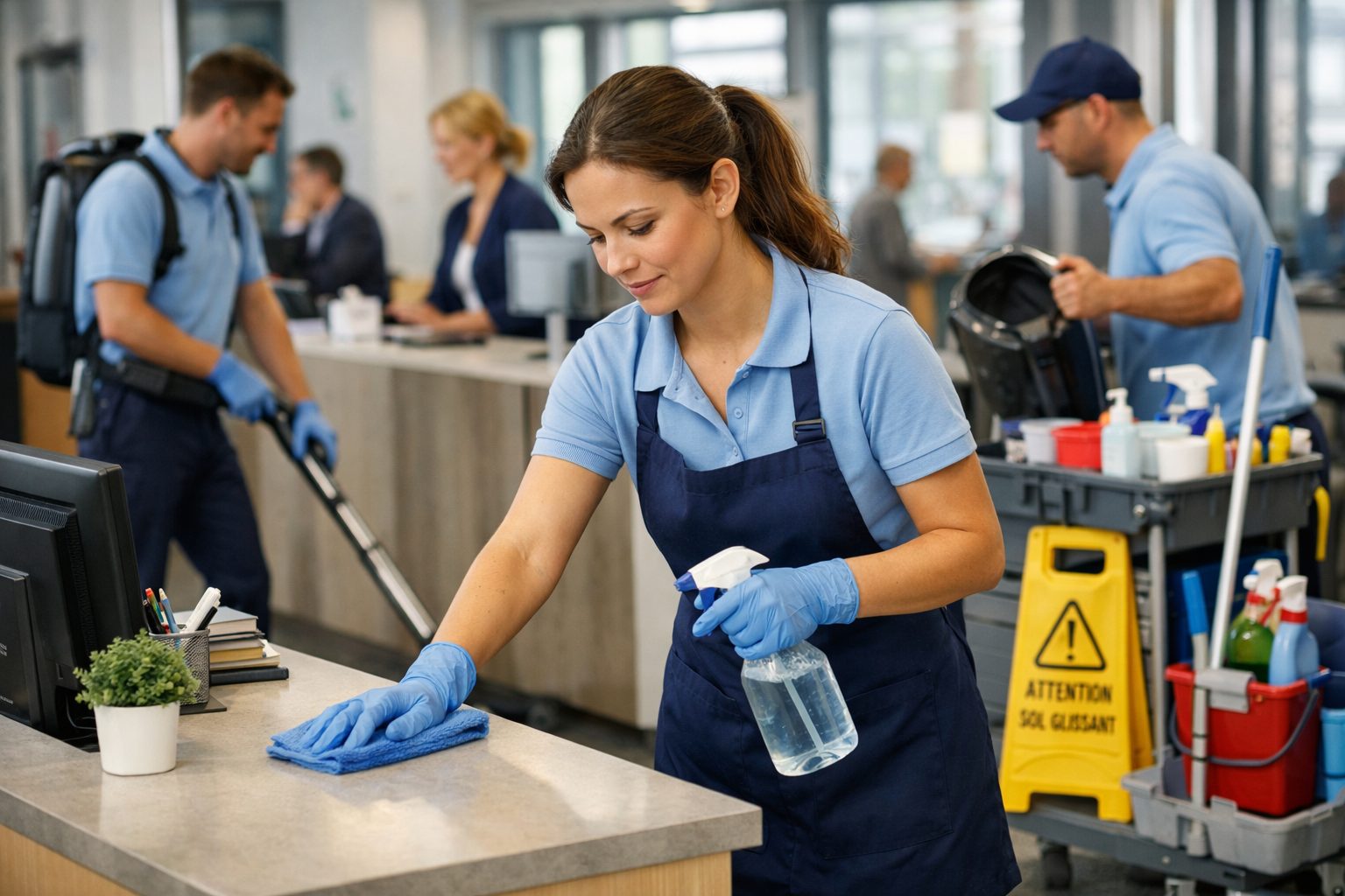 Équipe d’entretien nettoyant l’accueil de bureaux ouverts au public dans un espace professionnel moderne