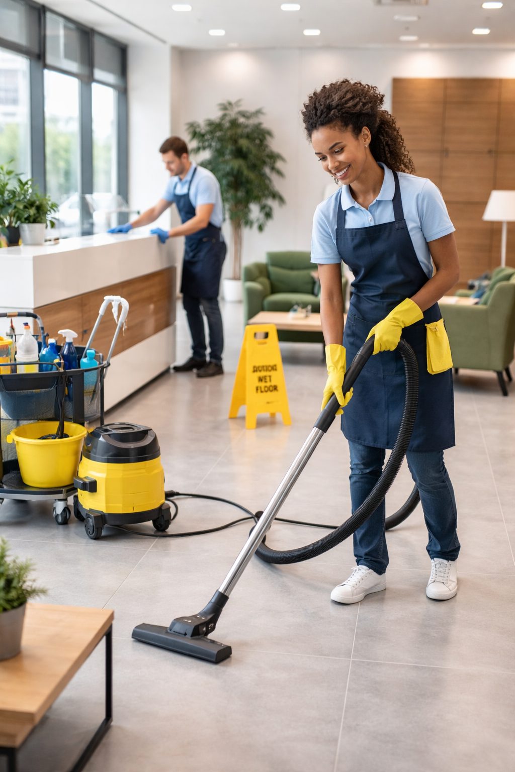 Agent d’entretien nettoyant une zone de réception de bureaux moderne avec aspirateur et comptoir d’accueil propre