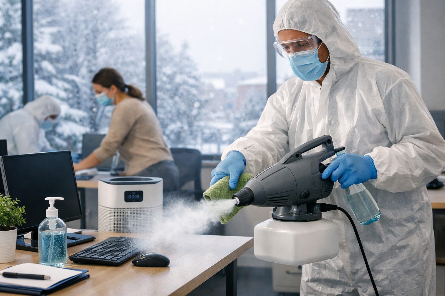 Agent de nettoyage en tenue de protection désinfectant un bureau en période hivernale dans un espace de travail moderne