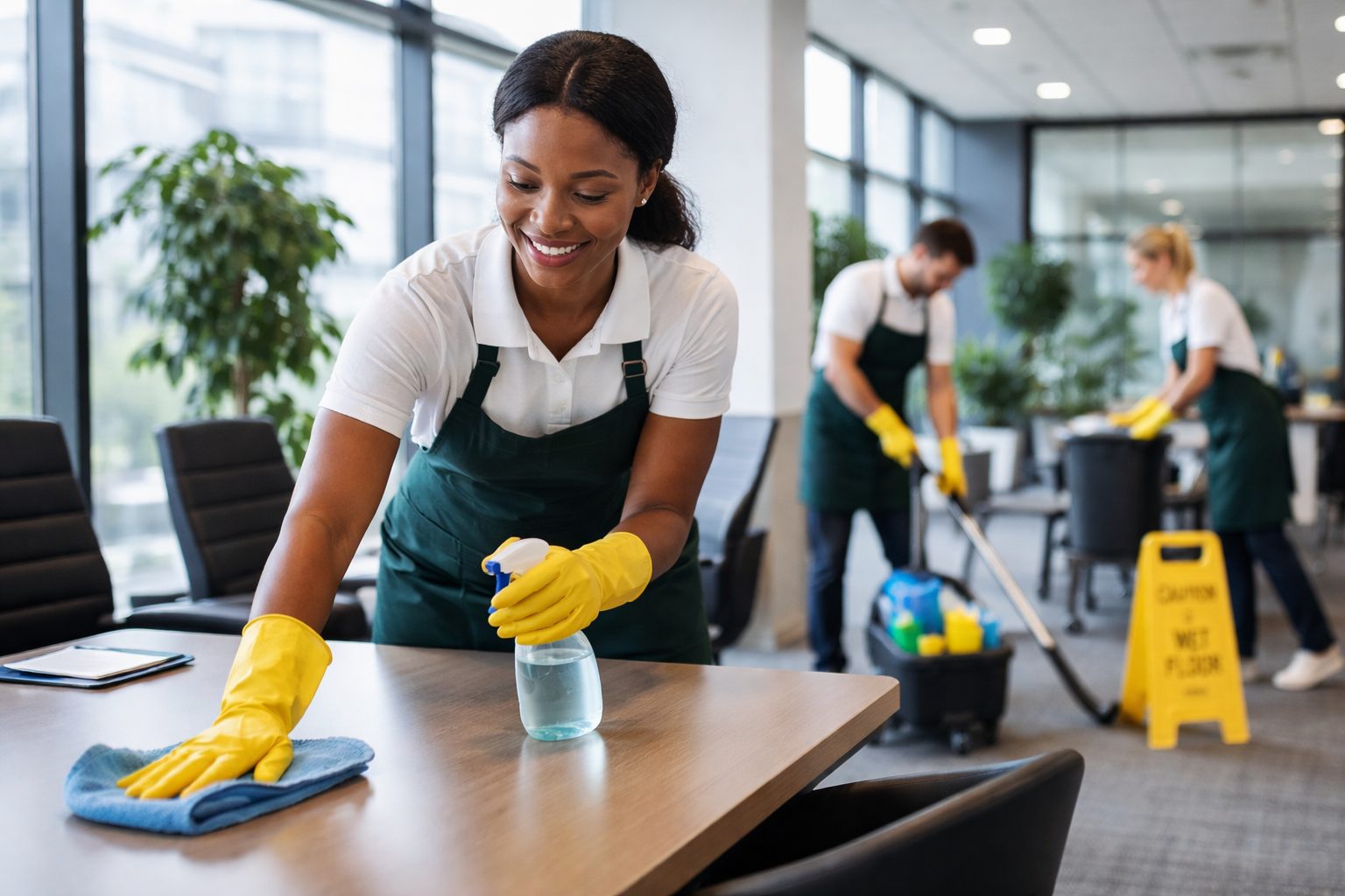 Agent d’entretien nettoyant une salle de réunion dans des bureaux avec passage client