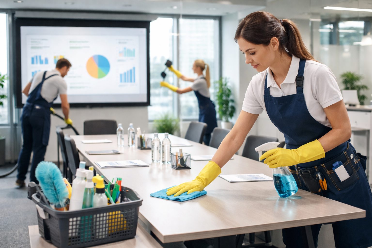 Équipe de nettoyage préparant une salle de réunion de bureau avant une présentation importante