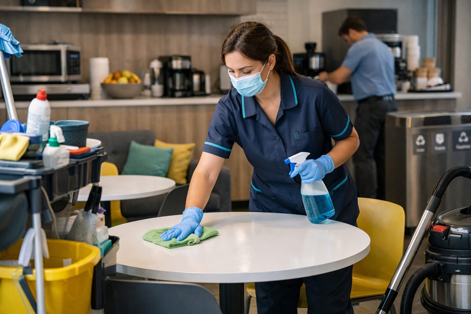 Agent d’entretien nettoyant une table dans un espace de pause de bureaux avec cuisine partagée en entreprise