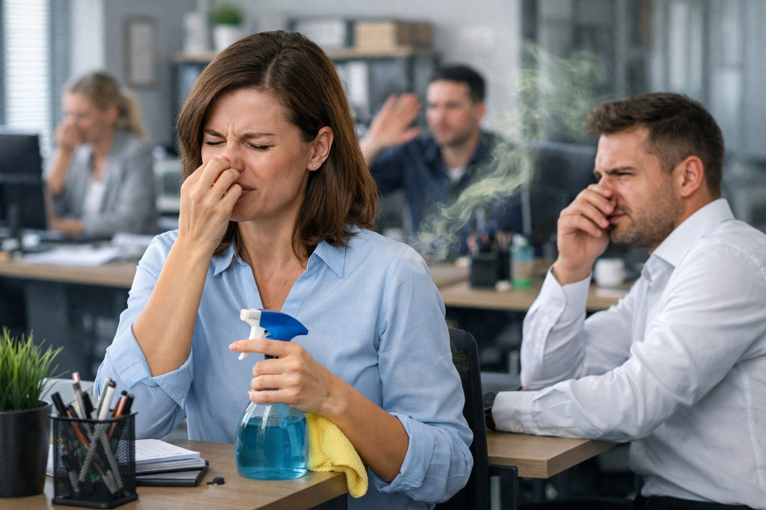 Employés gênés par de mauvaises odeurs dans un bureau malgré un nettoyage régulier