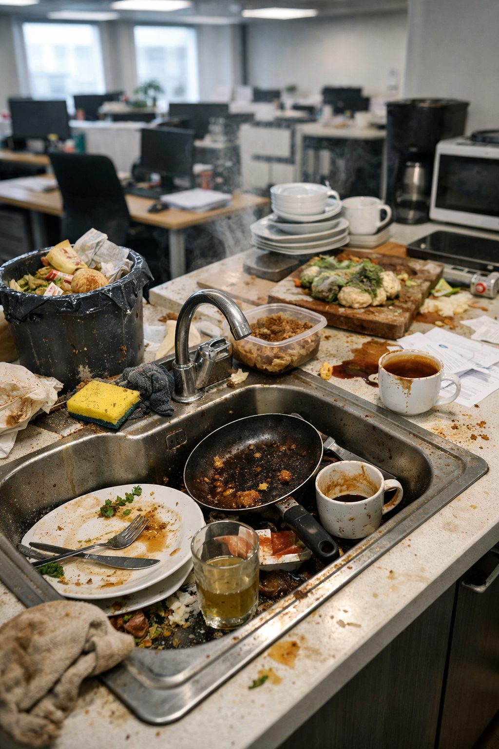 Cuisine de bureaux mal entretenue avec évier sale, vaisselle accumulée, restes alimentaires et poubelle pleine