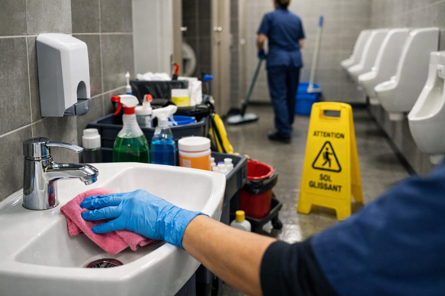 Agent d’entretien nettoyant un lavabo dans les sanitaires de bureaux avec chariot de ménage et panneau sol glissant