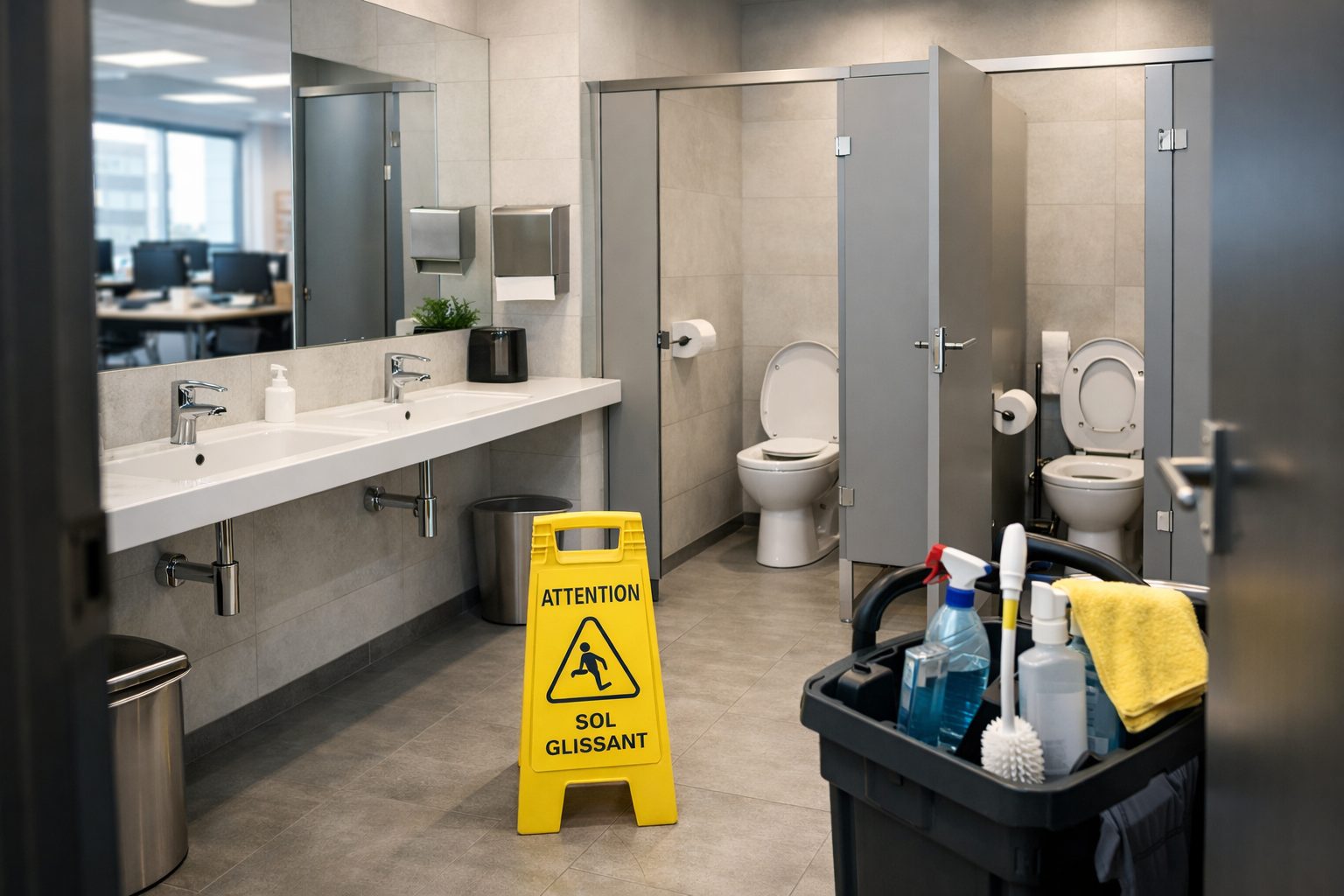 Sanitaires de bureaux propres et impeccables dans une entreprise moderne avec matériel de nettoyage professionnel