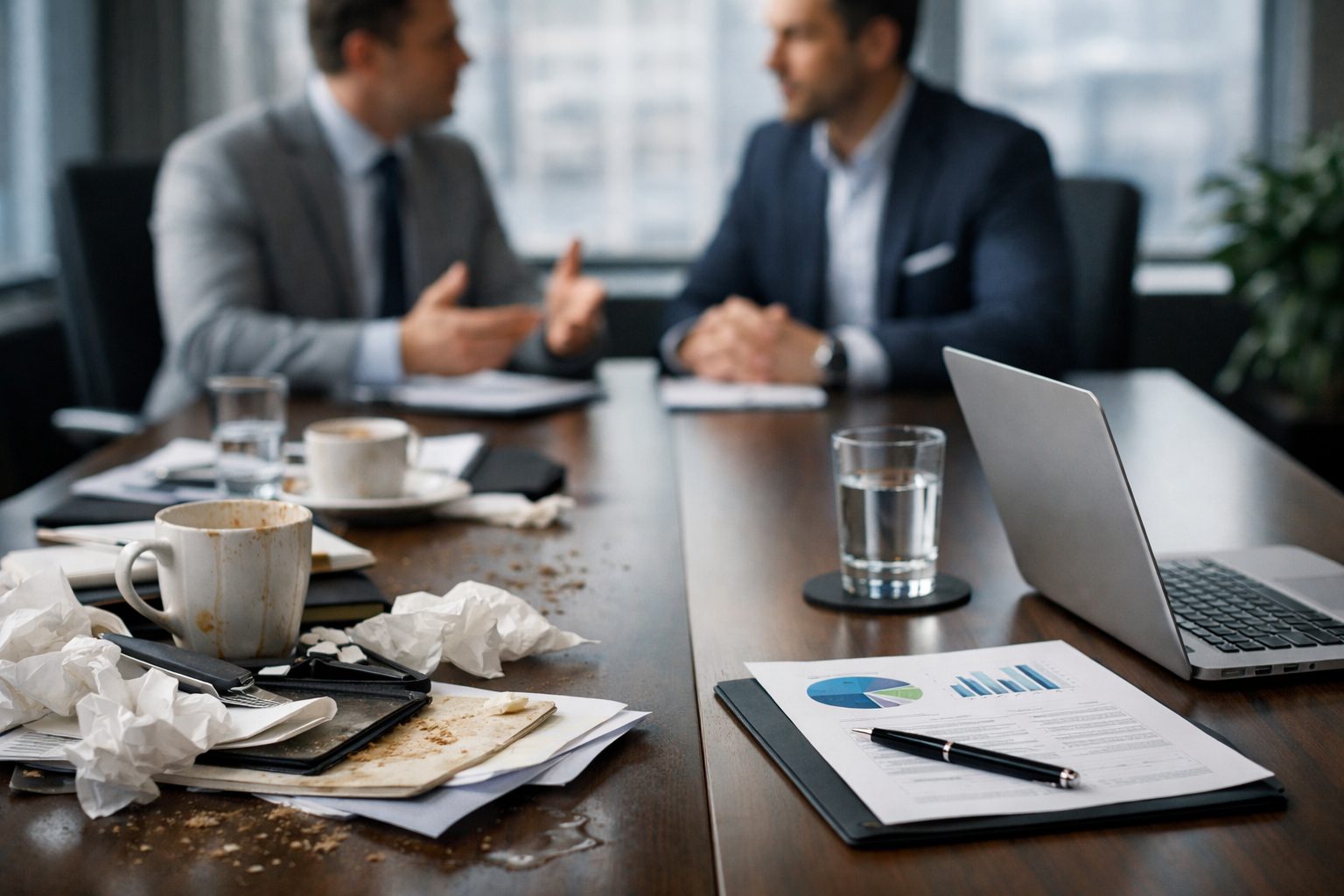 Salle de réunion propre et désordonnée en comparaison lors d’un rendez-vous commercial entre deux professionnels