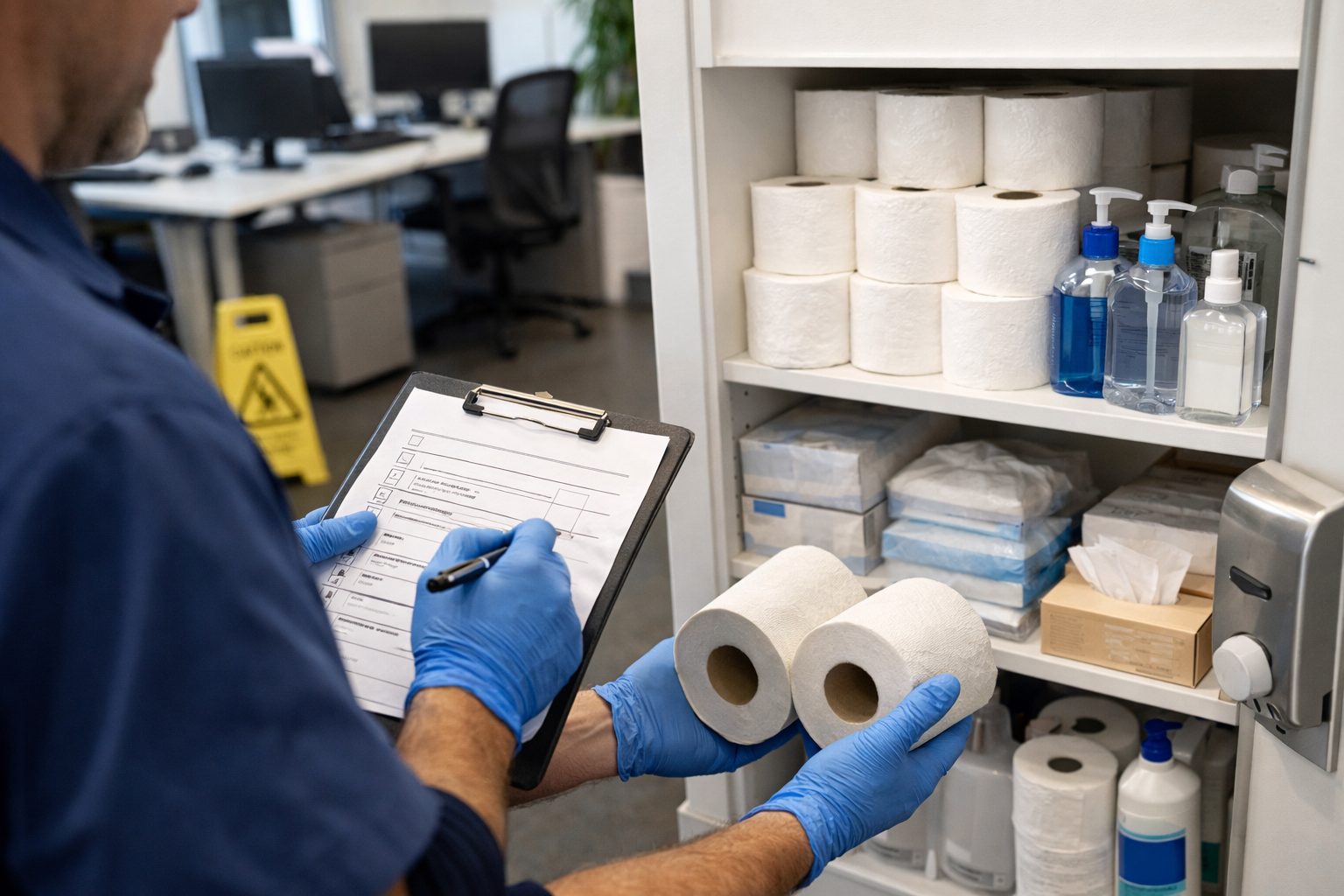 Agent d’entretien contrôlant les consommables d’hygiène dans les sanitaires d’un bureau moderne