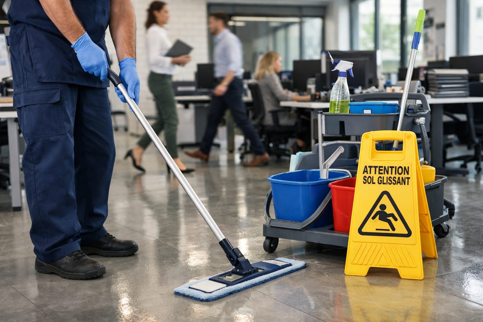 Agent d’entretien nettoyant le sol d’un bureau très fréquenté avec une autolaveuse professionnelle