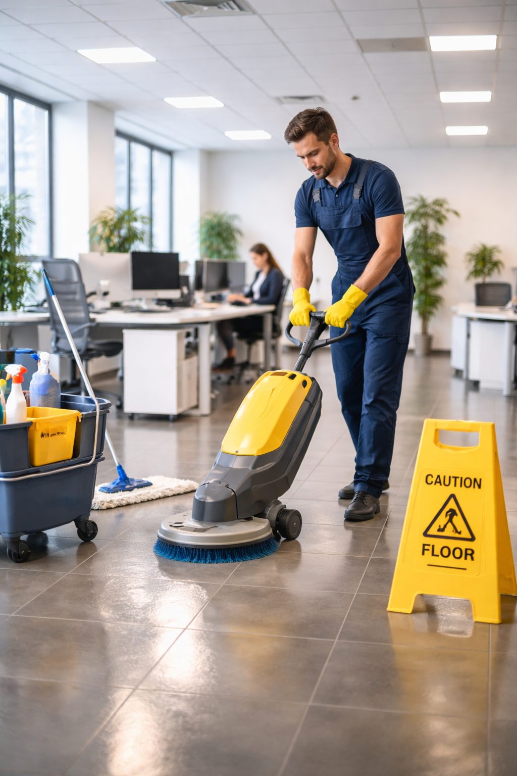Agent d’entretien nettoyant le sol d’un bureau moderne avec une autolaveuse sur surface carrelée et PVC