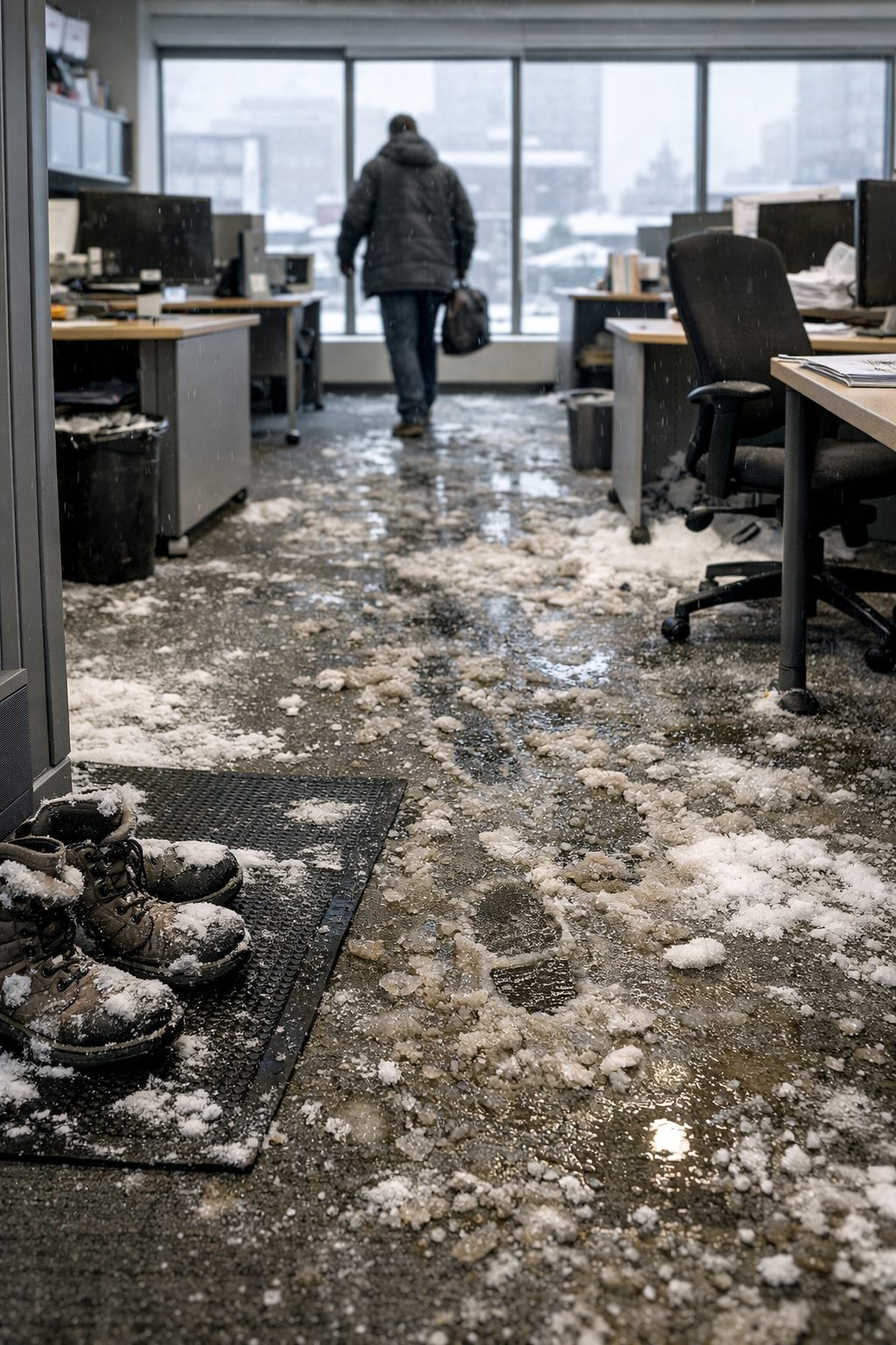Sol de bureau sali en hiver avec traces de chaussures humides, boue et passage intensif dans un open space professionnel