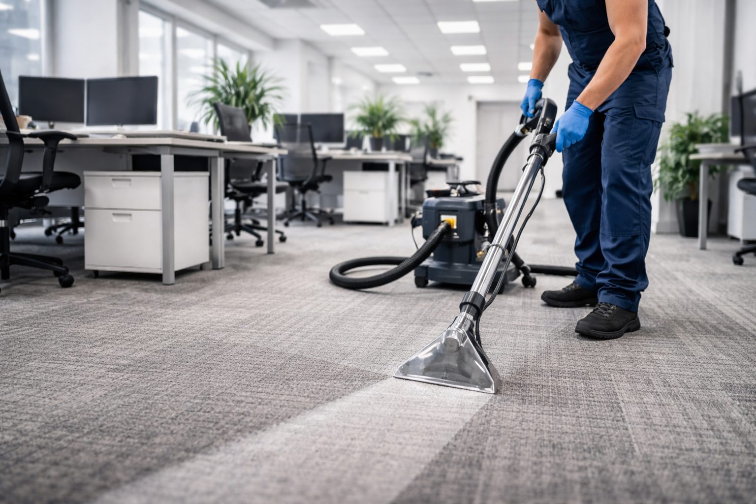 Agent de nettoyage en train d’entretenir une moquette de bureau avec une machine professionnelle dans un open space moderne