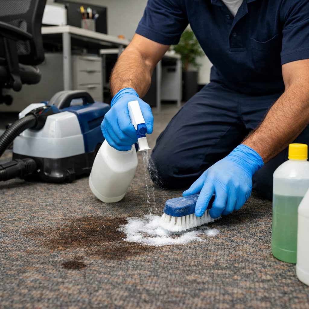 Agent de nettoyage de bureaux en train de traiter une tache sur moquette avec un produit détachant et une brosse dans un bureau moderne