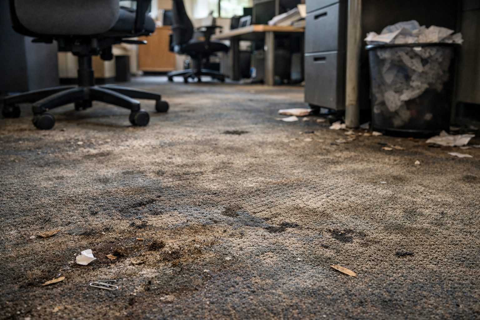 Entretien insuffisant de bureaux montrant l’usure prématurée d’un revêtement textile dans une zone de passage