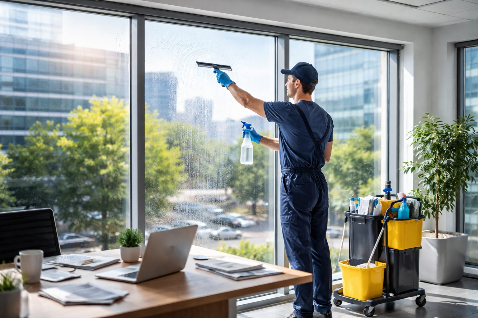 Agent d’entretien nettoyant une grande baie vitrée dans un bureau moderne lumineux pour renforcer la propreté des locaux professionnels